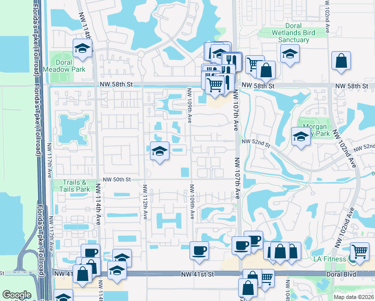map of restaurants, bars, coffee shops, grocery stores, and more near 5210 Northwest 109th Avenue in Doral