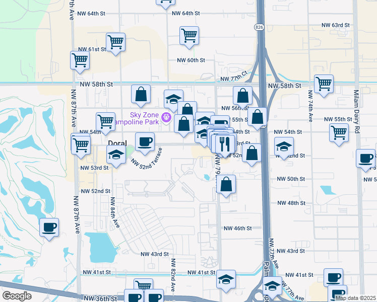 map of restaurants, bars, coffee shops, grocery stores, and more near 8070 Northwest 53rd Street in Miami