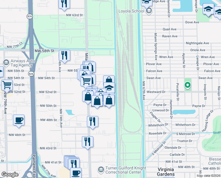 map of restaurants, bars, coffee shops, grocery stores, and more near 6933 Northwest 52nd Street in Miami