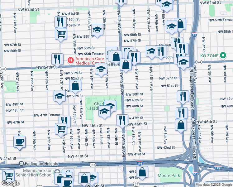 map of restaurants, bars, coffee shops, grocery stores, and more near 1245 Northwest 50th Street in Miami