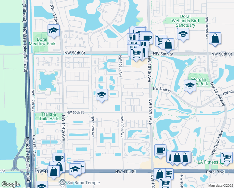 map of restaurants, bars, coffee shops, grocery stores, and more near 5210 Northwest 109th Avenue in Doral