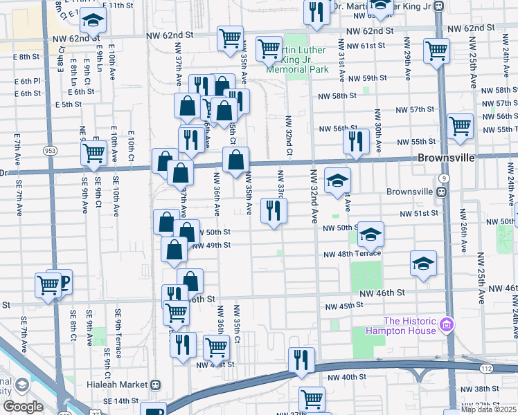 map of restaurants, bars, coffee shops, grocery stores, and more near 3501 Northwest 51st Street in Miami