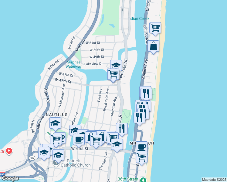 map of restaurants, bars, coffee shops, grocery stores, and more near 335 West 46th Street in Miami Beach