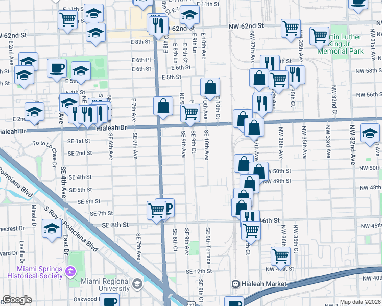 map of restaurants, bars, coffee shops, grocery stores, and more near 955 Southeast 2nd Place in Hialeah