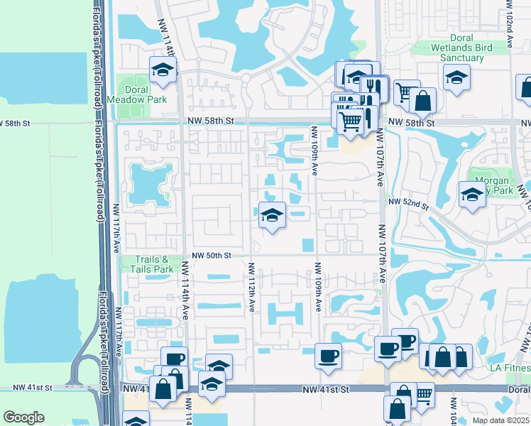 map of restaurants, bars, coffee shops, grocery stores, and more near 5205 Northwest 112th Avenue in Doral