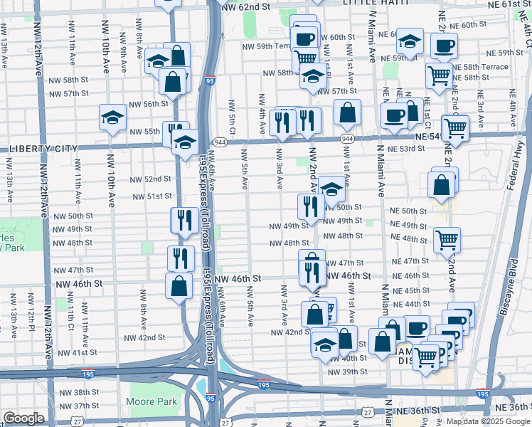 map of restaurants, bars, coffee shops, grocery stores, and more near 4945 Northwest 5 Avenue in Miami