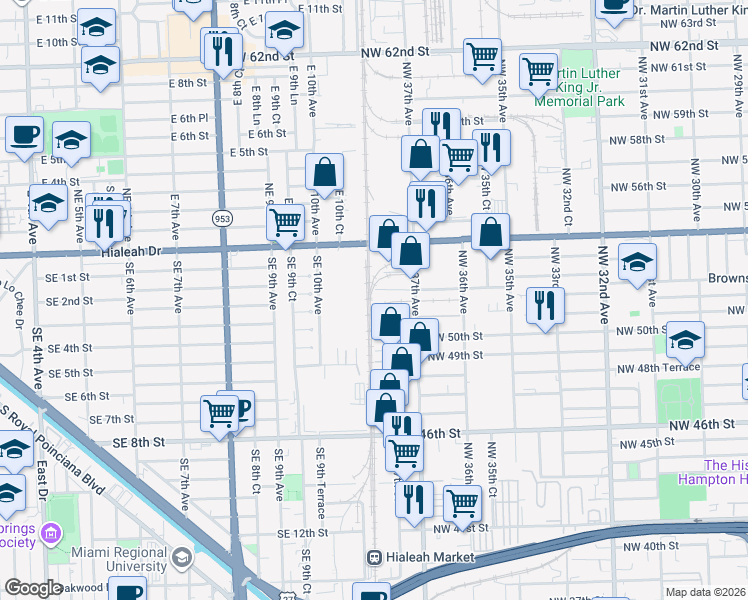 map of restaurants, bars, coffee shops, grocery stores, and more near 3780 Northwest 52nd Street in Miami