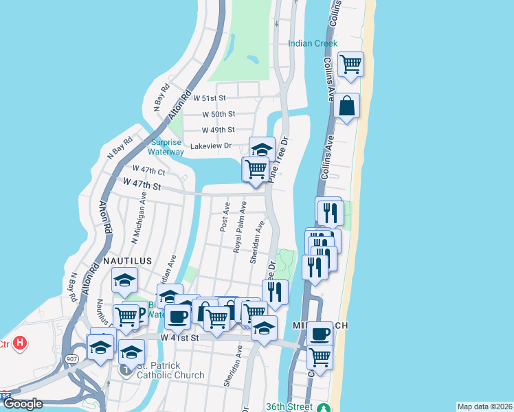 map of restaurants, bars, coffee shops, grocery stores, and more near 351 West 46th Street in Miami Beach