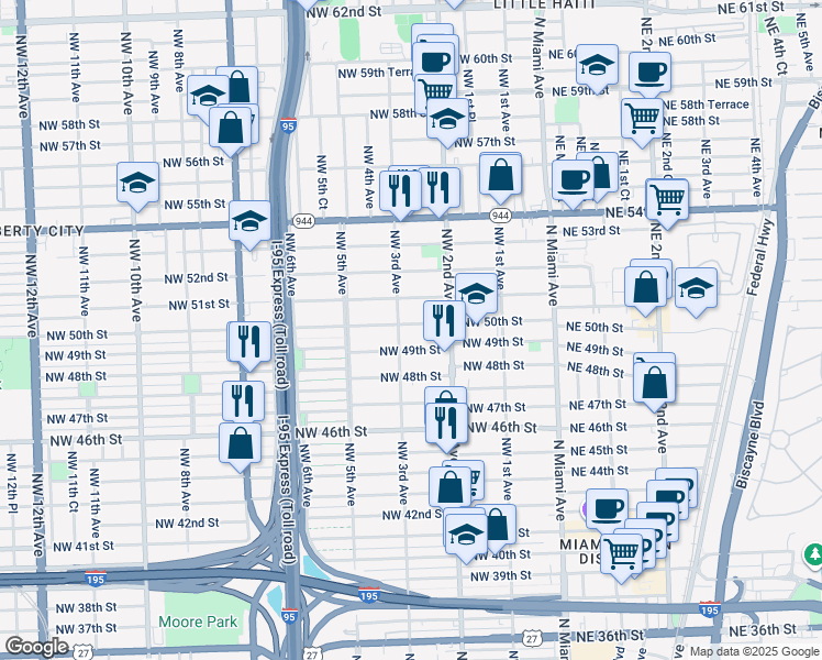 map of restaurants, bars, coffee shops, grocery stores, and more near 300 Northwest 50th Street in Miami