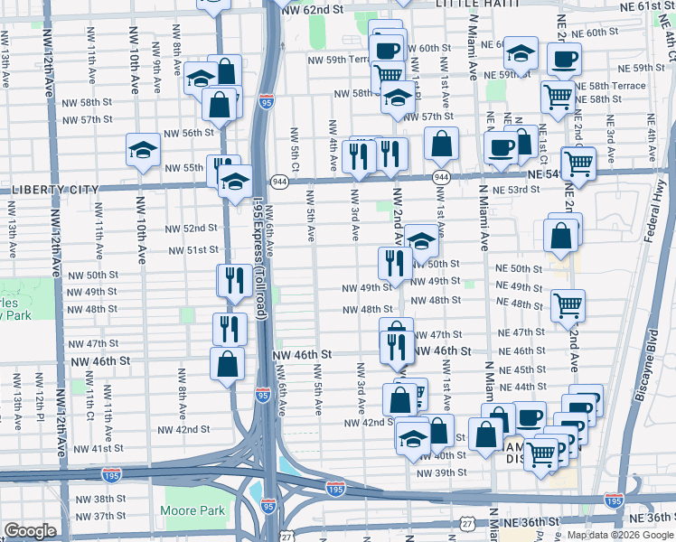map of restaurants, bars, coffee shops, grocery stores, and more near 4945 Northwest 5 Avenue in Miami