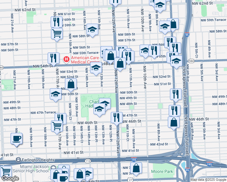 map of restaurants, bars, coffee shops, grocery stores, and more near 1245 Northwest 50th Street in Miami