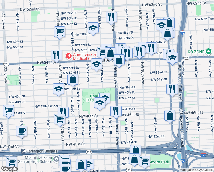 map of restaurants, bars, coffee shops, grocery stores, and more near 1245 Northwest 50th Street in Miami