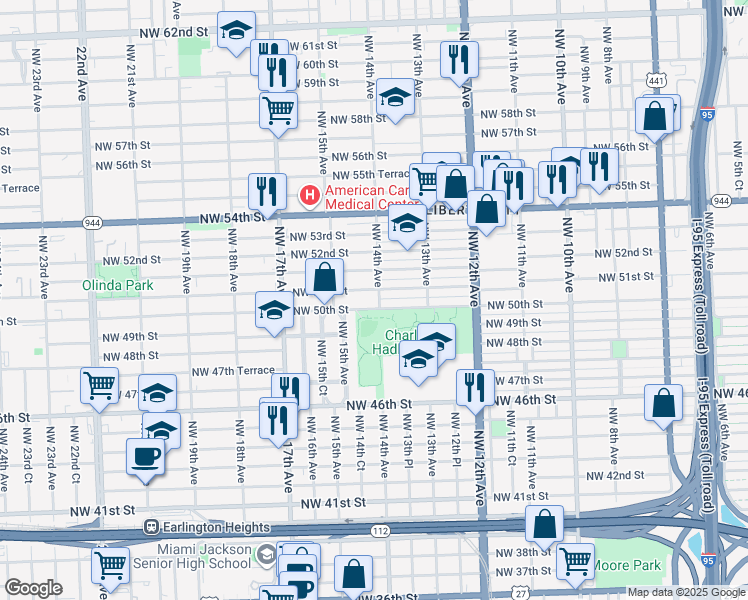 map of restaurants, bars, coffee shops, grocery stores, and more near 1385 Northwest 50th Street in Miami
