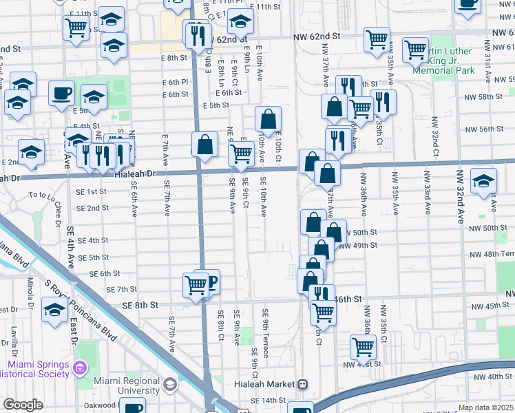 map of restaurants, bars, coffee shops, grocery stores, and more near 955 Southeast 2nd Place in Hialeah