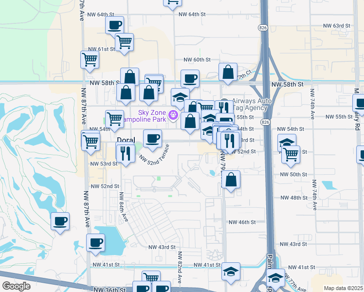 map of restaurants, bars, coffee shops, grocery stores, and more near 8150 Northwest 53rd Street in Doral