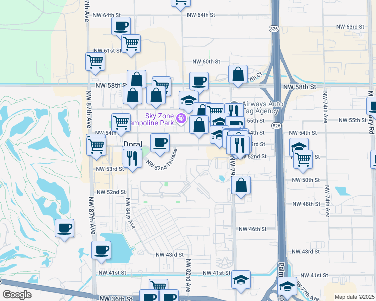 map of restaurants, bars, coffee shops, grocery stores, and more near 8150 Northwest 53rd Street in Doral