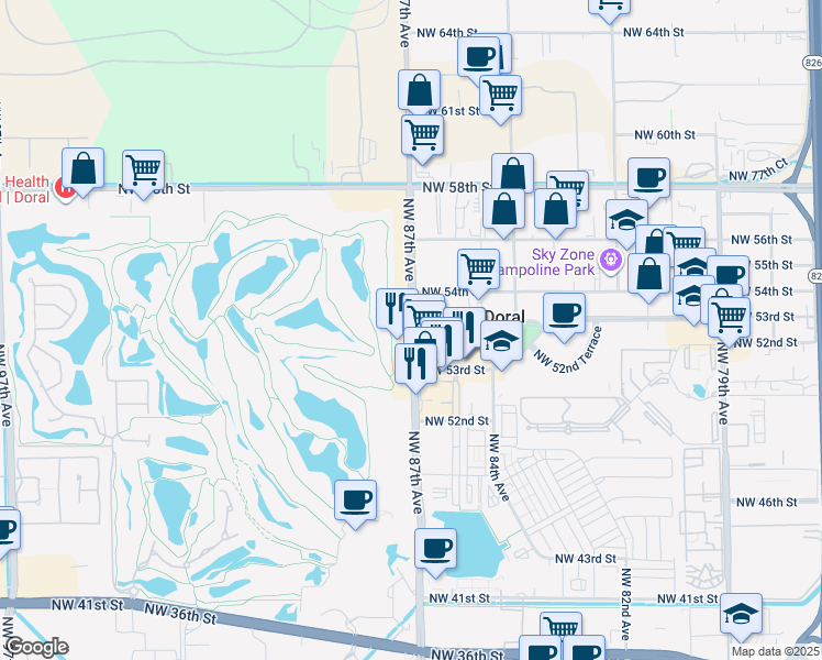 map of restaurants, bars, coffee shops, grocery stores, and more near 5300 Northwest 87th Avenue in Doral
