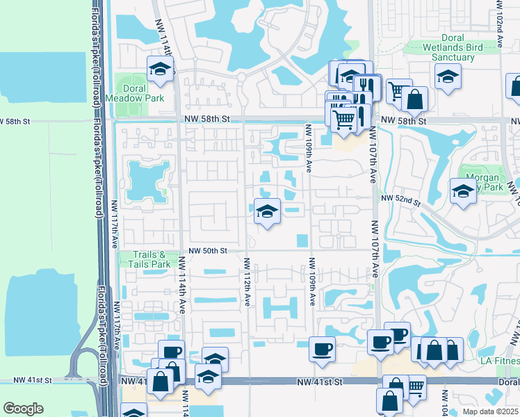 map of restaurants, bars, coffee shops, grocery stores, and more near 5205 Northwest 112th Avenue in Doral