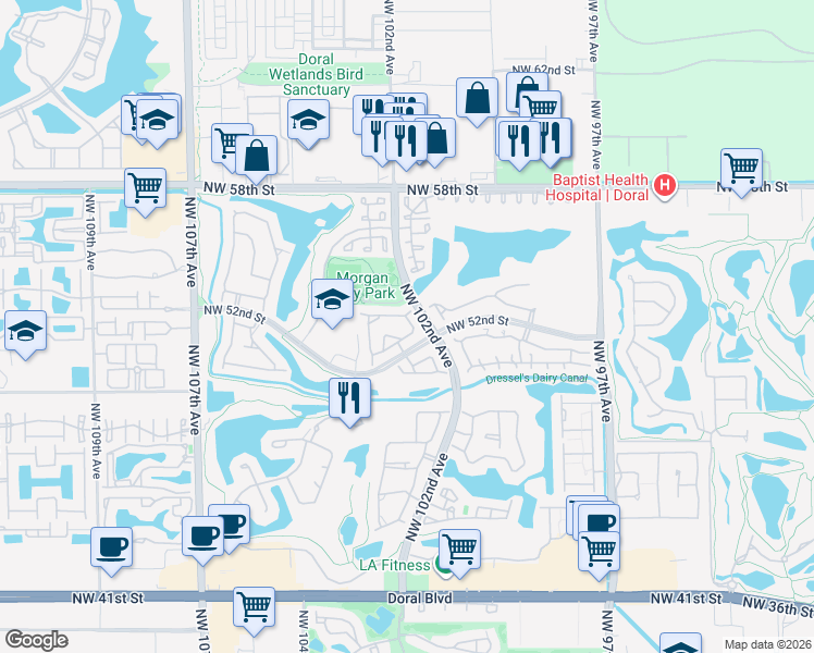 map of restaurants, bars, coffee shops, grocery stores, and more near 10208 Northwest 52nd Terrace in Doral