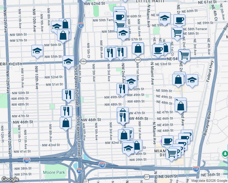 map of restaurants, bars, coffee shops, grocery stores, and more near 260 Northwest 50th Street in Miami