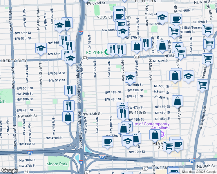 map of restaurants, bars, coffee shops, grocery stores, and more near 300 Northwest 50th Street in Miami