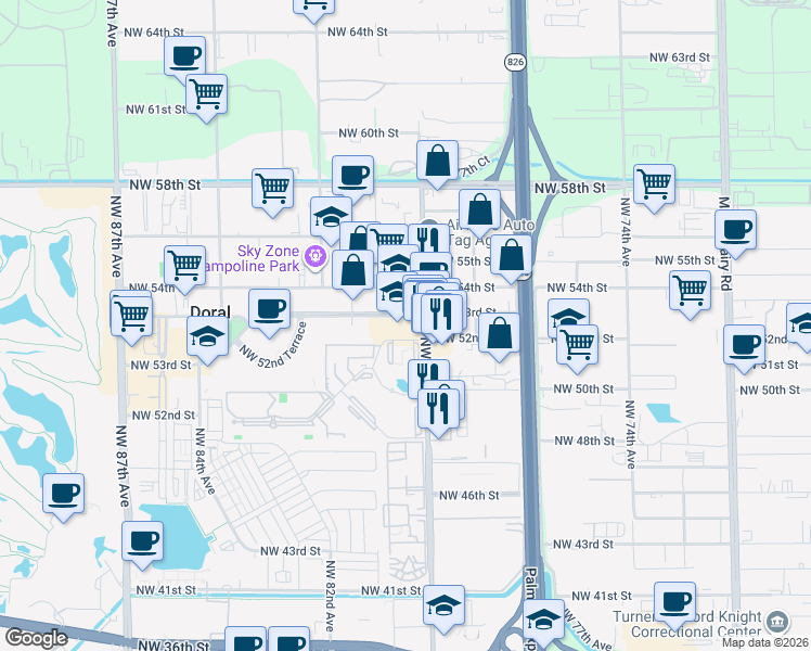 map of restaurants, bars, coffee shops, grocery stores, and more near 134 Lake Drive in Doral