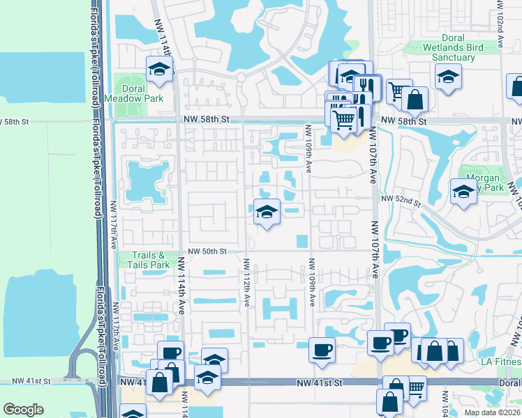 map of restaurants, bars, coffee shops, grocery stores, and more near 5205 Northwest 112th Avenue in Doral