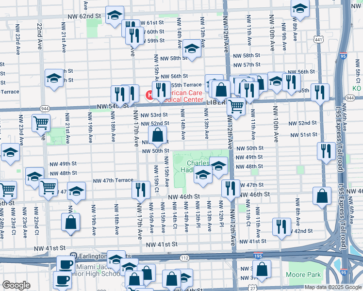 map of restaurants, bars, coffee shops, grocery stores, and more near 1385 Northwest 50th Street in Miami
