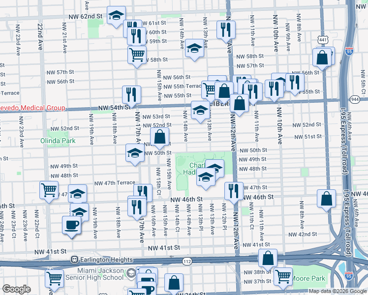 map of restaurants, bars, coffee shops, grocery stores, and more near 1385 Northwest 50th Street in Miami