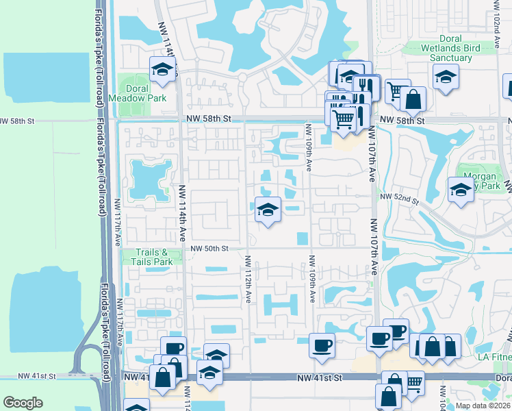 map of restaurants, bars, coffee shops, grocery stores, and more near 5205 Northwest 112th Avenue in Doral