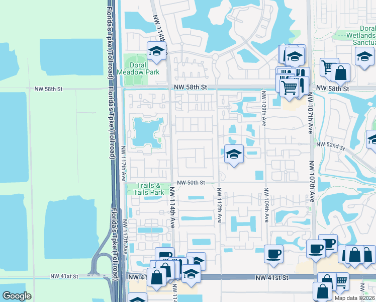 map of restaurants, bars, coffee shops, grocery stores, and more near 11341 Northwest 52nd Street in Doral