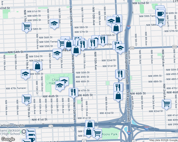 map of restaurants, bars, coffee shops, grocery stores, and more near 4931 Northwest 11th Avenue in Miami