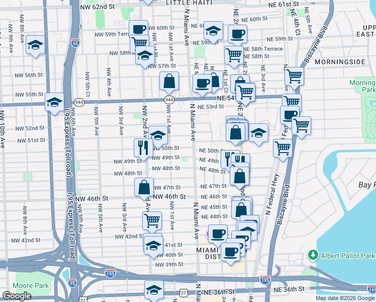 map of restaurants, bars, coffee shops, grocery stores, and more near 13 Northwest 49th Street in Miami