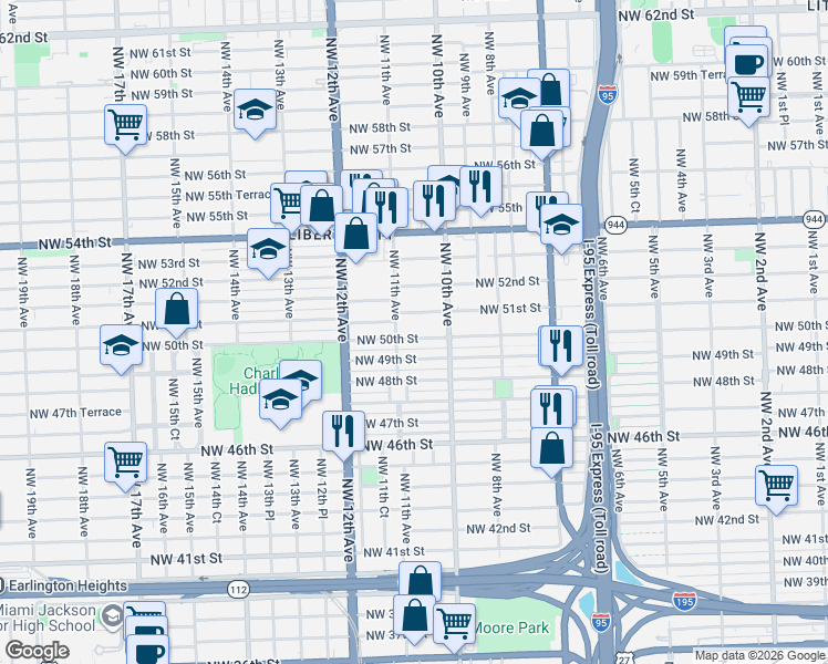 map of restaurants, bars, coffee shops, grocery stores, and more near 4931 Northwest 11th Avenue in Miami