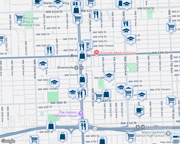 map of restaurants, bars, coffee shops, grocery stores, and more near 2535 Northwest 51st Street in Miami