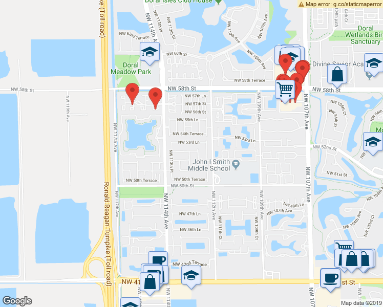 map of restaurants, bars, coffee shops, grocery stores, and more near 5213 Northwest 112th Place in Doral