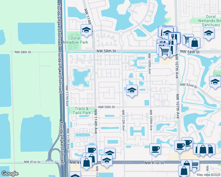 map of restaurants, bars, coffee shops, grocery stores, and more near 5213 Northwest 112th Place in Doral
