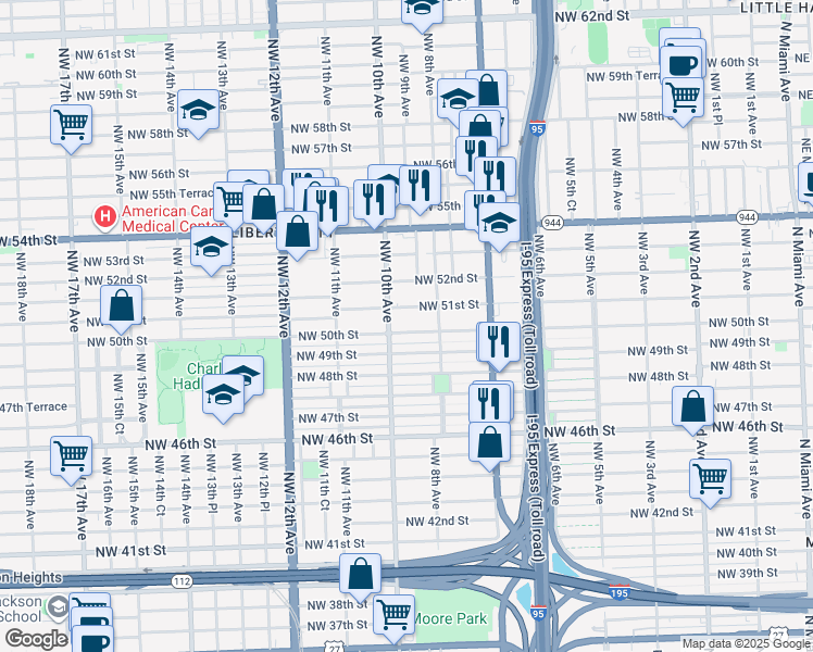map of restaurants, bars, coffee shops, grocery stores, and more near 900 Northwest 50th Street in Miami