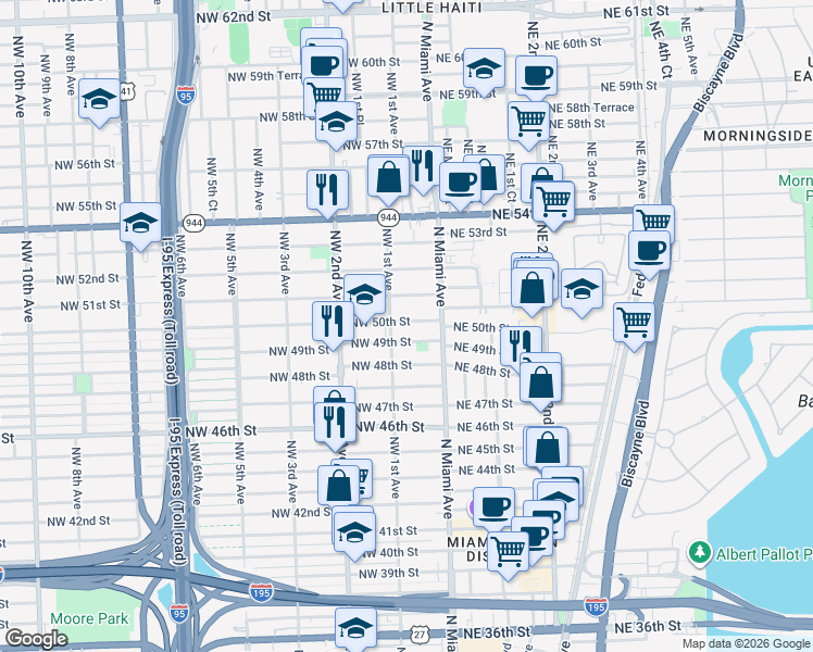 map of restaurants, bars, coffee shops, grocery stores, and more near 93 Northwest 49th Street in Miami