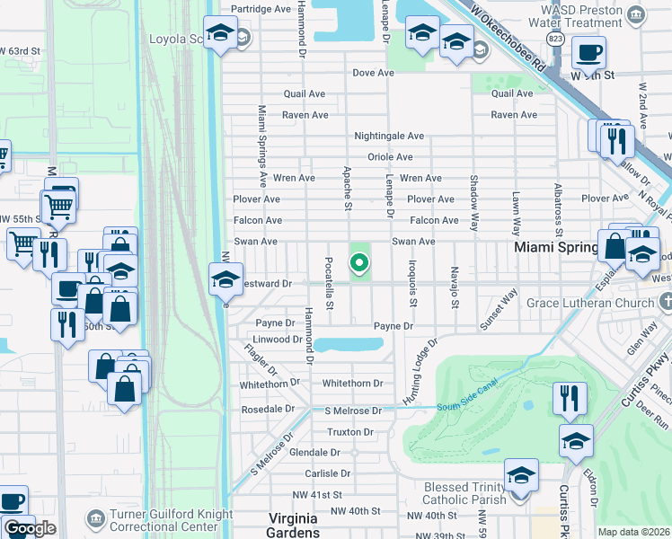 map of restaurants, bars, coffee shops, grocery stores, and more near 1505 Westward Drive in Miami Springs
