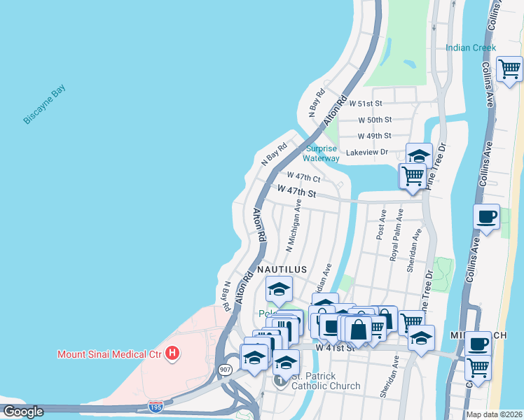 map of restaurants, bars, coffee shops, grocery stores, and more near 4535 Alton Road in Miami Beach