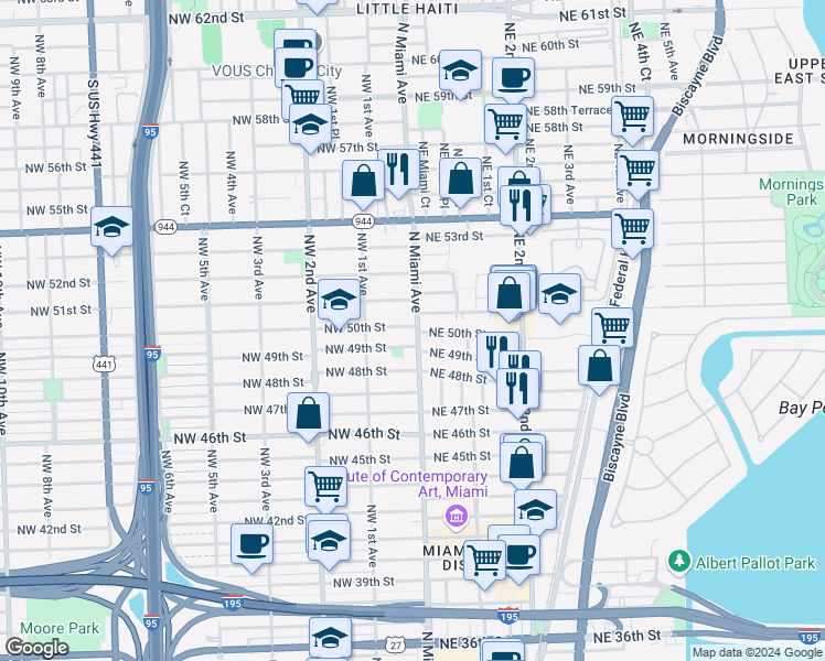 map of restaurants, bars, coffee shops, grocery stores, and more near 13 Northwest 49th Street in Miami