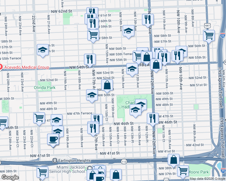 map of restaurants, bars, coffee shops, grocery stores, and more near 1457 Northwest 50th Street in Miami