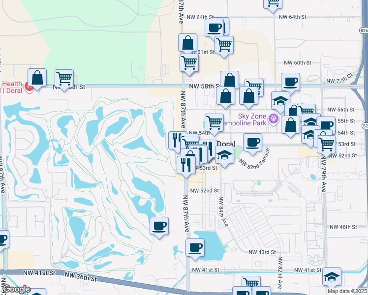 map of restaurants, bars, coffee shops, grocery stores, and more near 5300 Northwest 87th Avenue in Doral