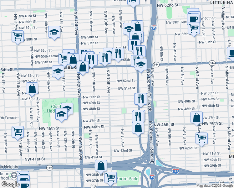 map of restaurants, bars, coffee shops, grocery stores, and more near 900 Northwest 50th Street in Miami