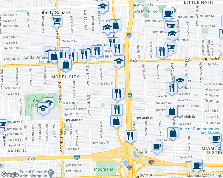 map of restaurants, bars, coffee shops, grocery stores, and more near 739 Northwest 50th Street in Miami