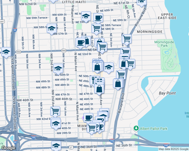 map of restaurants, bars, coffee shops, grocery stores, and more near 161 Northeast 50th Street in Miami