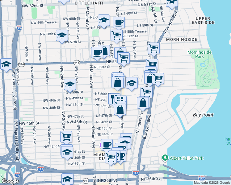 map of restaurants, bars, coffee shops, grocery stores, and more near 138 Northeast 50th Street in Miami