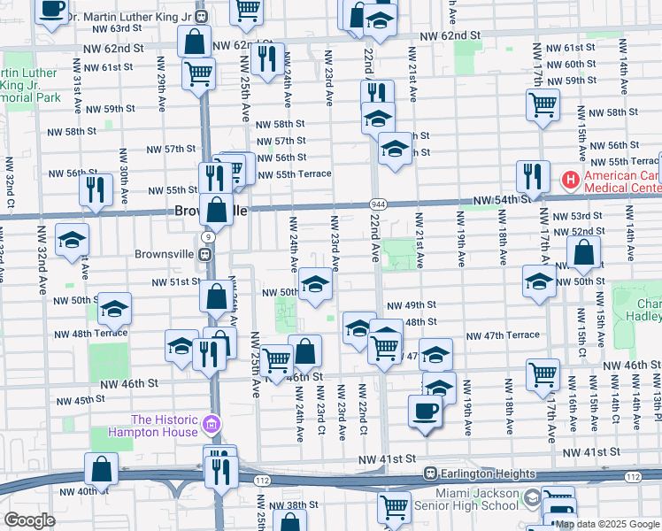 map of restaurants, bars, coffee shops, grocery stores, and more near 2320 Northwest 51st Street in Miami