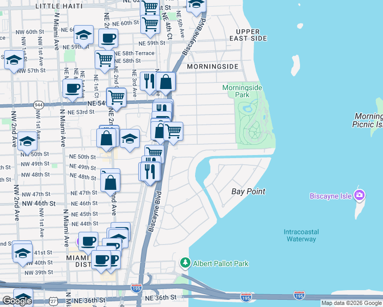 map of restaurants, bars, coffee shops, grocery stores, and more near 560 Bay Point Road in Miami